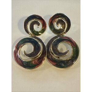 Vintage‎ 80s Enamel Swirl Statement Earrings Gold Tone Dangle Pierced Bold